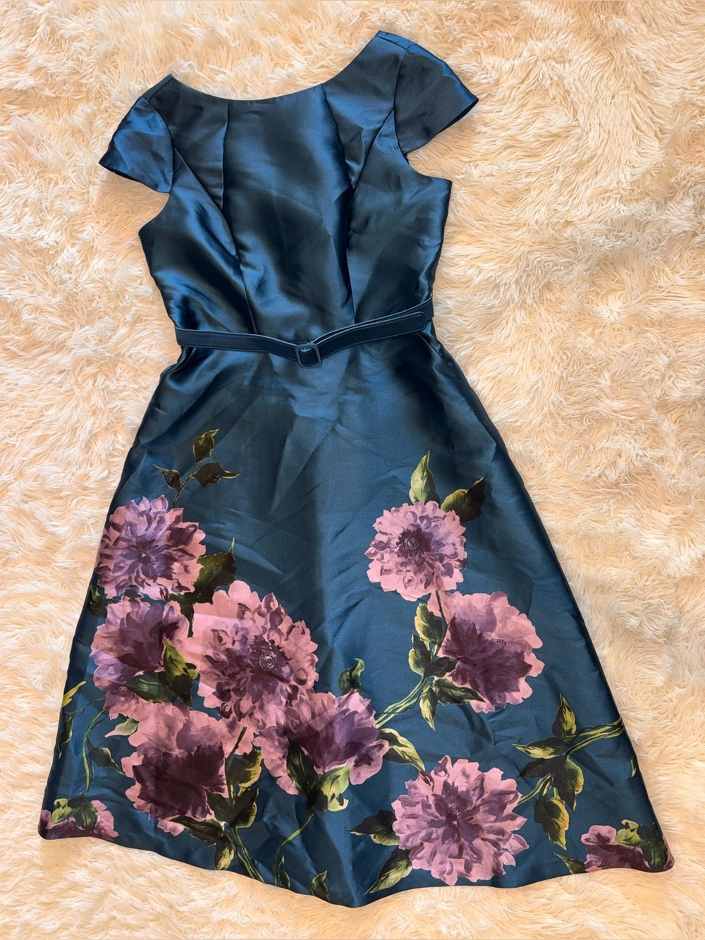 NWOT Kay Unger Ina Floral Belted midi teal blue French Rose Dress sz 12 - Picture 8 of 9